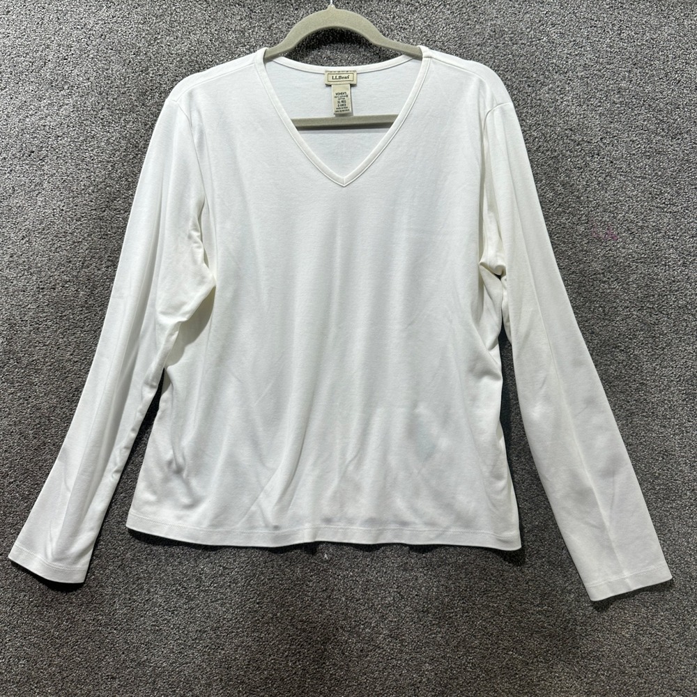 LL Bean Womens XL White Supima Cotton Long Sleeve V-Neck T-Shirt Basic Tee